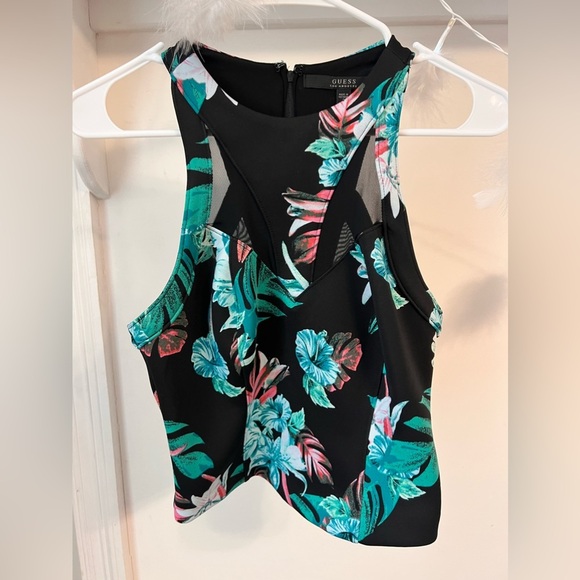 FINAL PRICE GUESS Sleeveless MESH INSERTS Halter FLORAL Neoprene Top - Picture 1 of 10